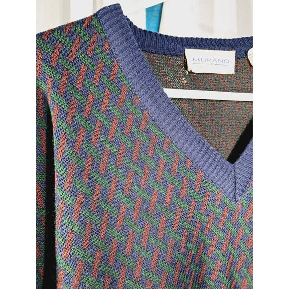 Vintage Wool Mix Murano Grandpa Sweater Mens Large Navy Blue Green Maroon V Neck - Picture 3 of 12
